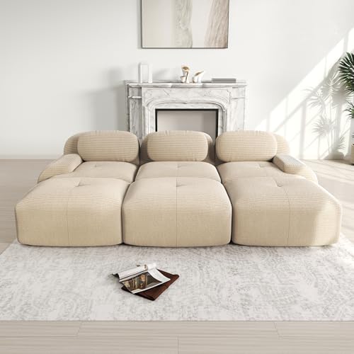 RanRan 3-Sitzer-Sofa 3 Hocker Modulares Cordstoff montagefreie Lieferung haustierfreundlich Ultra-breite Armlehnen 32D hochelastische Polsterung für Wohnzimmer Heimkino Beige von RanRan