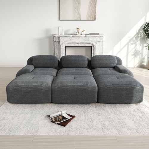 RanRan 3-Sitzer-Sofa Grey Modulares mit 3 Hockern aus Cordstoff montagefreie Lieferung haustierfreundlich Ultra-breite Armlehnen 32D hochelastische Polsterung für Wohnzimmer und Heimkino von RanRan