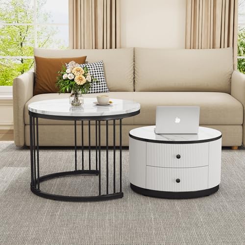 RanRan Elegantes 2-teiliges, weißes Couchtisch-Set in Nestform, 60x60x45.5cm & 50x50x32cm, runde Tische mit hochglänzender Marmoroptik, 2 Schubladen, Nesting-Kombination Couchtisch (Weiβ+Schwarz) von RanRan