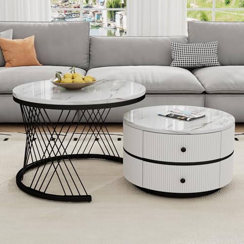 RanRan Elegantes 2-teiliges, weißes Couchtisch-Set in Nestform, 60x60x46cm & 50x50x31cm, runde Tische mit hochglänzender Marmoroptik, 2 Schubladen,Nesting-Kombination Couchtisch (Weiβ+Schwarz) von RanRan