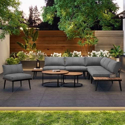 RanRan Garten Loungesessel Set für 5-6 Personen, Gartenmöbel, Essgruppe für Terrasse Balkon Garten Innen und Außen, Gestell aus verzinktem Eisen (2x2er Sofa, 2X Einzelsessel, 2X Tisch) (Grau) von RanRan