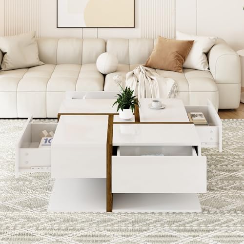 RanRan Hochglanz-Couchtisch, Tisch mit 4 Schubladen, einzigartige Farbabstimmung und Liniendesign, Stauraum unten. 78 * 78 * 34,8cm (Weiß und Holzfarbe) von RanRan