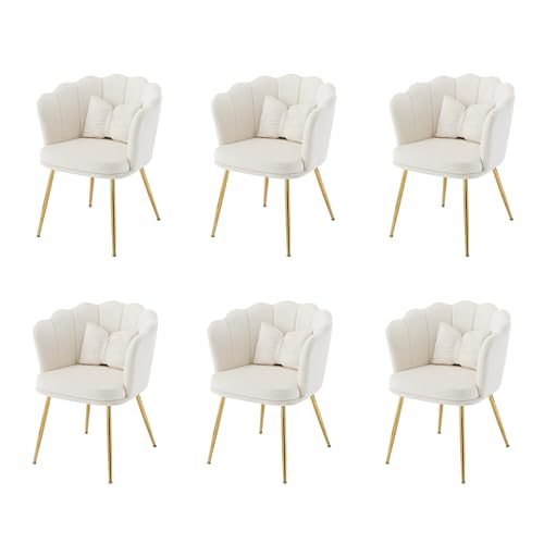 RanRan Moderner Wohnzimmersessel aus Samt, Badewannenstuhl, dekorativer Stuhl mit Blütenblatt-Rückenlehne und vergoldeten Metallbeinen und Schmetterlingskissen für Schlafzimmer/Esszim (6 Set, Beige) von RanRan