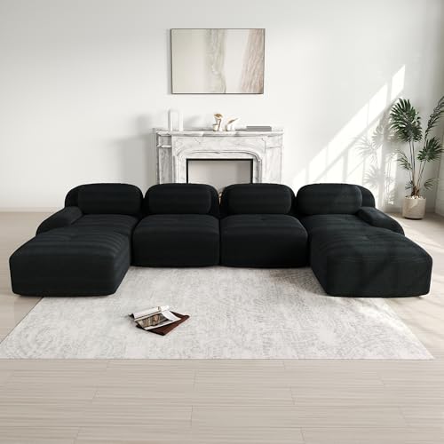 RanRan Modulares U-Sofa Black Größe ohne Montage atmungsaktiver Cordstoff 32D hochelastische Polsterung extra-breite Armlehnen haustierfreundlich und ergonomisch für Wohnzimmer und Schlafzimmer von RanRan
