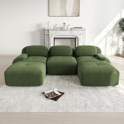 RanRan Modulares U-Sofa Green Premium-Cordstoff ohne Montage rutschfest und haustierfreundlich extra-breite Armlehnen 32D hochelastische Polsterung für Wohnzimmer Schlafzimmer und Büro von RanRan
