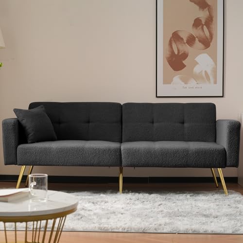 RanRan Schlafsofa mit Bettfunktion, verstellbarem Winkel, goldenen Beinen, mit Kissen und seitlichen Aufbewahrungstaschen (Dunkelgrau) von RanRan