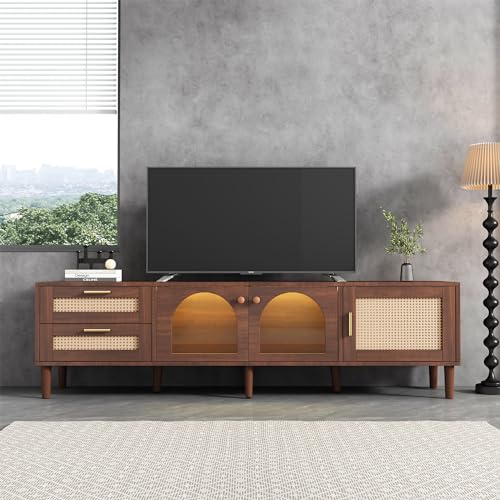 brauner TV-Schrank für 80-Zoll-Fernseher – mit 2 Rattan-Schubladen, 2 gewölbten Glastüren und 1 Rattan-Tür, LED-Beleuchtung, bietet stilvolle Aufbewahrung, TV-Board brauner TV-Schrank für 80-Zoll-Fernseher – mit 2 Rattan-Schubladen, 2 gewölbten Glastüren und 1 Rattan-Tür, LED-Beleuchtung, bietet stilvolle Aufbewahrung, TV-Board von RanRan