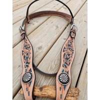 Leder Hand Geschnitzt Und Punziert Headstall Stirnband - Turquoise Breeze Light Leather von RanchHandStore