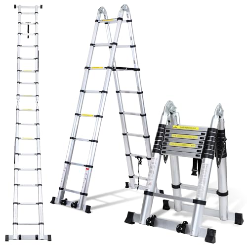 Randaco 5M (2.5+2.5) Teleskopleiter Klappleiter Aluminium, Ausziehbare Leiter, Rutschfester Aluleiter Stehleiter Mehrzweckleiter Aluminiumleiter, Teleskop Ausziehleiter 150 kg Belastbarkeit von Randaco