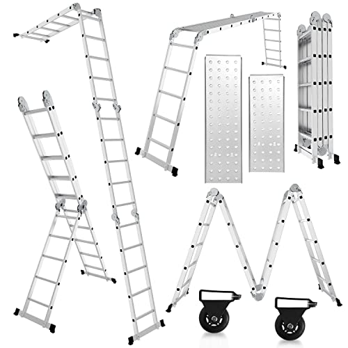 Randaco 7in1 Mehrzweckleiter, 470CM 4x4 Aluminium Vielzweckleiter Klappleiter mit 2 Plattform und Räder, Multifunktionsleiter 16 Sprossen, Max Belastung 150 kg, Gelenkleiter von Randaco