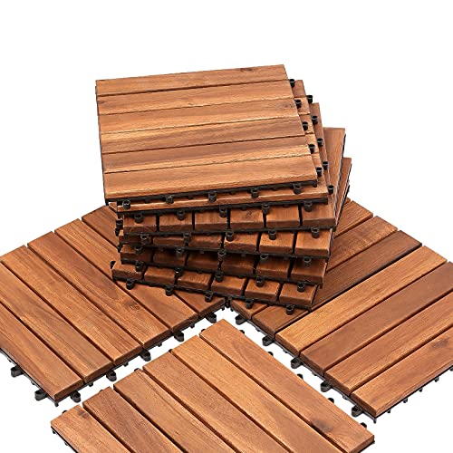 Randaco Holzfliesen, Terrassenfliese aus Akazien Holz 30x30 cm, 33-er Kachel Set,3m² Balkonfliesen mit Drainage für Outdoor, Garten, Terrasse Gartenfliesen von Randaco