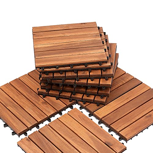 Randaco Holzfliesen, Terrassenfliese aus Akazien Holz 30x30 cm, 44-er Kachel Set,4m² Balkonfliesen mit Drainage für Outdoor, Garten, Terrasse Gartenfliesen von Randaco