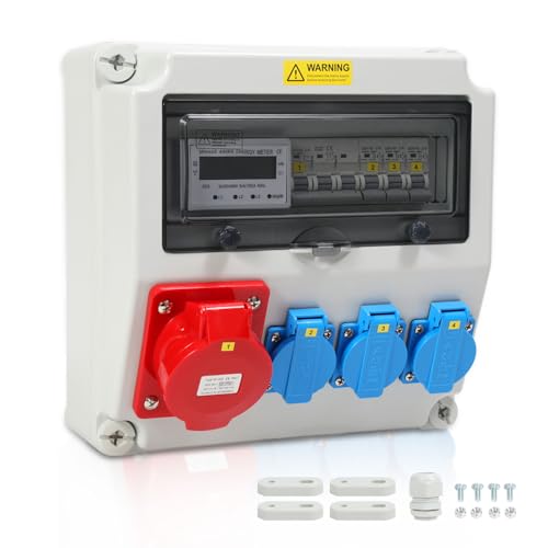 Randaco Wandverteiler mit Stromzähler 3-Phasen und MCB,5 Polig Baustromverteiler mit 3xSchuko-Steckdose und CEE-Steckdose 32A Stromverteiler für Innen und Außen von Randaco