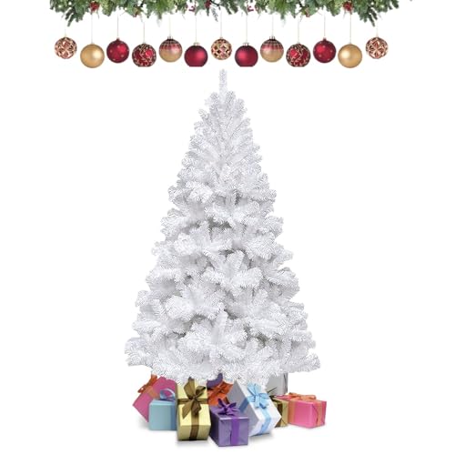 Randaco Weihnachtsbaum künstlich 150cm Künstlicher Weihnachtsbaum Weiß Feuerresistent Tannenbaum Künstlich Weiß 200 Spitzen,Schnellaufbau Klapp,inkl.Christbaum 5FT von Randaco