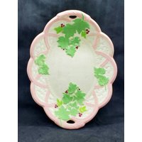 Vintage Weihnachtsplatte Handbemalt Oval Mit Griffen Pink Beige Sammlerstück von Randomness4sale