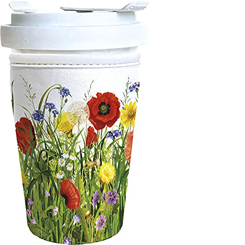 Coffee to go Becher aus Fine Bone Porzellan | bekleidet mit einem Neopren Cup Cover | Motiv “ Mohnwiese “ | verschließbar | 0,35 l Füllmenge von Rannenberg & Friends