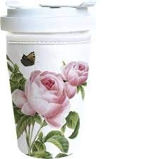 Coffee to go Becher aus Fine Bone - bekleidet mit einem Neopren Cup Cover Motiv “Rosa centifolia“ - verschließbar - 0,35 l Füllmenge von Rannenberg & Friends