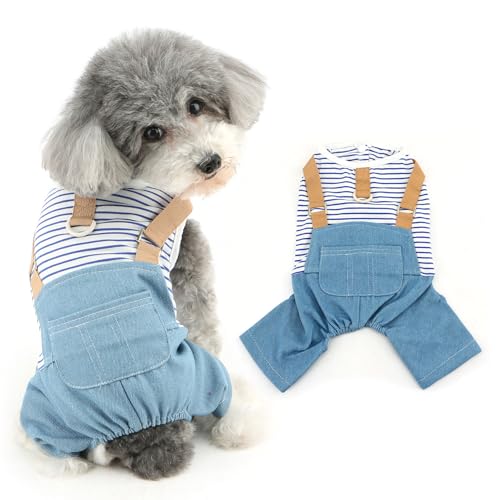 Ranphy Denim-Jumpsuit für Hunde, niedlich, gestreift, für kleine Hunde, Mädchen, Jungen, Welpen, klassischer Overall mit Tasche, Frühlingssommer-Outfits, Yokie, Chihuahua-Kleidung, Blau, Größe S von Ranphy