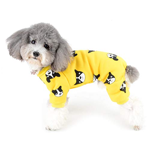 Ranphy Fleece-Schlafanzug für kleine Hunde mit Füßen, lächelndes Gesicht, bedruckt, für den Winter, weich, gefüttert, für Chihuahua, Jungen, Mädchen, warmes Outfit, Haustierkleidung, Gelb, XXL von Ranphy