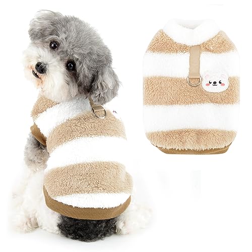 Ranphy Gestreifter kleiner Hundepullover, Haustier-Fleece-Sweatshirt mit Bärenmuster, weicher, warmer Welpenpullover mit D-Ring, Herbst-/Winterkleidung, Yorkie, Chihuahua, Katzen, Bekleidung, Braun, L von Ranphy