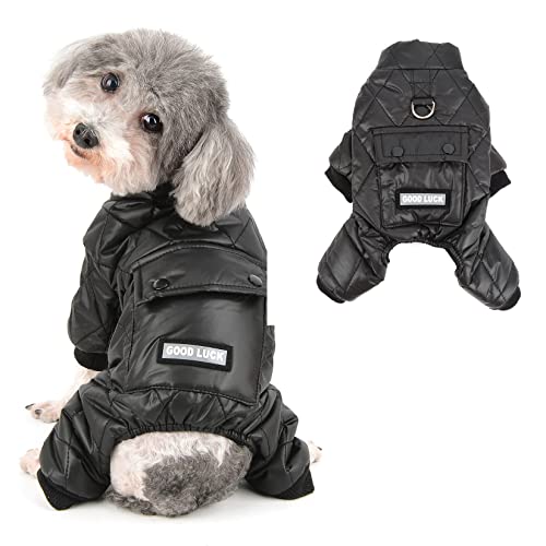 Ranphy Haustier Winter Winddichte Mäntel für kleine Hunde Jumpsuit Fleece Gefüttert 4 Beine mit D-Ring Jacken für Jungen Mädchen Warm Weich Wasserdicht Schneeanzug Kleidung Bekleidung Schwarz M von Ranphy