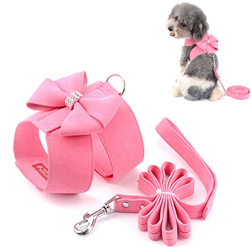 Ranphy Wildleder Hundegeschirr mit Bling Strass No Pull Geschirr mit Bowknot Weiche Haustier Weste mit Leine Set Verstellbar für Kleine Hunde für Spazierengehen Training Wandern Rosa Größe S von Ranphy