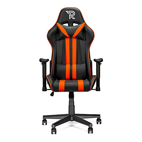 Ranqer Felix Gaming Stuhl - Professioneller Gaming-Sessel - Ergonomischer Gaming Stuhl - 2D-Armlehnen - 180° verstellbare Rückenlehne mit Kissen - Stabiles Nylon Gestell - Schwarz/Orange von Ranqer