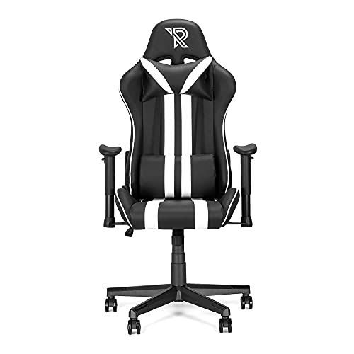 Ranqer Felix Gaming Stuhl - Professioneller Gaming-Sessel - Ergonomischer Gaming Stuhl - 2D-Armlehnen - 180° verstellbare Rückenlehne mit Kissen - Stabiles Nylon Gestell - Schwarz/Weiß von Ranqer