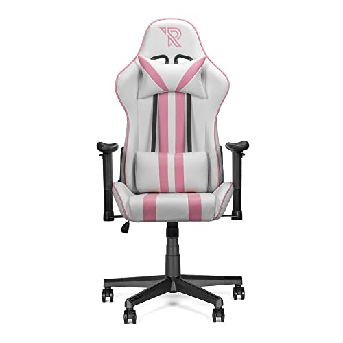 Ranqer Felix Gaming Stuhl - Professioneller Gaming-Sessel - Ergonomischer Gaming Stuhl - 2D-Armlehnen - 180° verstellbare Rückenlehne mit Kissen - Stabiles Nylon Gestell - Weiß/Rosa von Ranqer