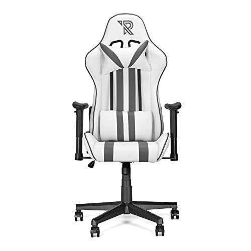 Ranqer Felix Gaming Stuhl - Professioneller Gaming-Sessel - Ergonomischer Gaming Stuhl - 2D-Armlehnen - 180° verstellbare Rückenlehne mit Kissen - Stabiles Nylon Gestell - Weiß/Grau von Ranqer
