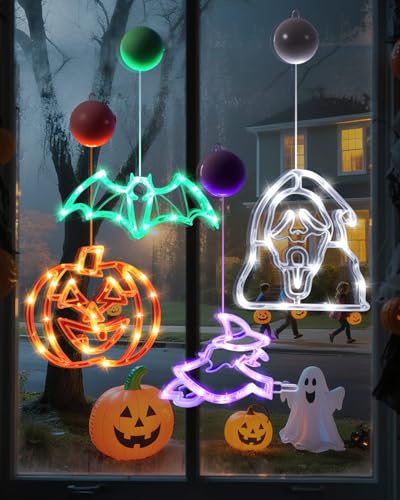 Rantizon Halloween-Fensterlichter mit Timer und Atemmodus, batteriebetriebener Kürbis, Totenkopf, Zauberin und Fledermaus, Halloween-Lichter, Dekorationen für Innen- und Außenbereich, 4 Stück von Rantizon