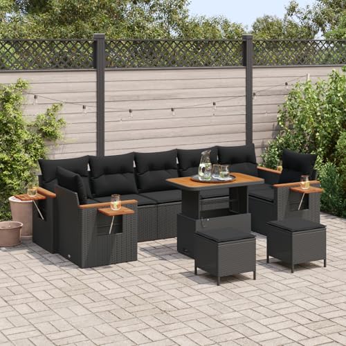 Rantry 10-teiliges Garten Sofa Set mit Kissen Schwarz Poly Rattan Akazie, 3-teiliges Garten Esszimmer Set mit Kissen Schwarz Poly Rattan Akazie Gartenlounge Model3363159 von Rantry