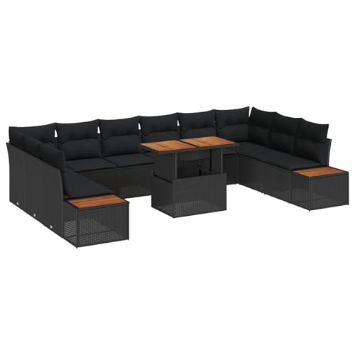 Rantry 11-teiliges Garten Essset mit Kissen Schwarzes Poly-Rattan Akazie Tisch Und Stuhl Für Garten von Rantry