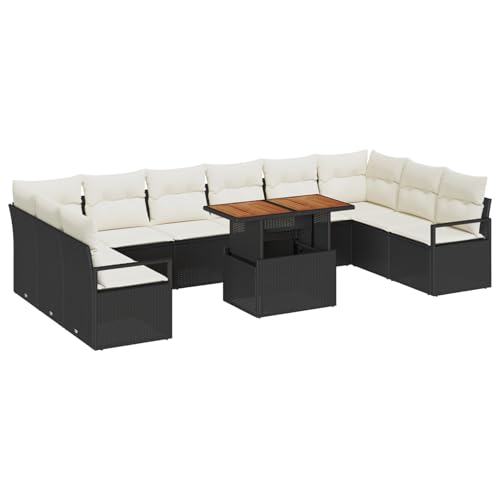 Rantry 11-teiliges Garten Sofa Set mit Kissen Schwarz Poly Rattan Akazie, 2-Sitzer Garten Sofa mit Kissen Schwarz Poly Rattan Gartenlounge Model3349760 von Rantry