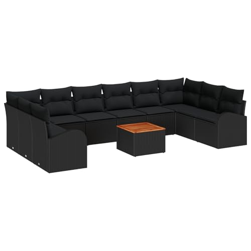 Rantry 11-teiliges Garten Sofaset mit Kissen schwarz Poly Rattan Akazie, 2-Sitzer Garten Sofa mit Stauraum & Kissen schwarz Poly Rattan Gartenlounge Model3356301 von Rantry