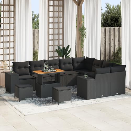 Rantry 12-teiliges Garten Sofa Set mit Kissen Schwarz Poly Rattan Akazie, 3-teiliges Garten Essset mit Kissen Schwarz Poly Rattan Akazie Gartenlounge Model3363994 von Rantry