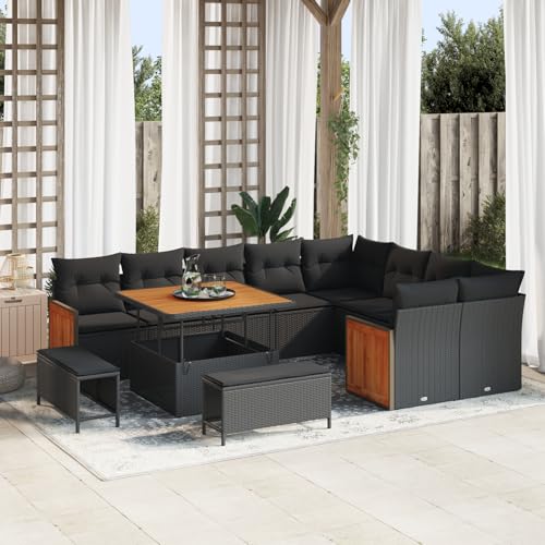 Rantry 12-teiliges Garten Sofa Set mit Kissen Schwarz Poly Rattan Akazie, 3-teiliges Garten Essset mit Kissen Schwarz Poly Rattan Akazie Gartenlounge Model3365284 von Rantry
