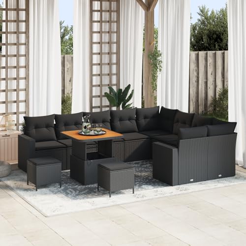 Rantry 12-teiliges Garten Sofa Set mit Kissen Schwarz Poly Rattan Akazie, 3-teiliges Garten Esszimmer Set mit Kissen Schwarz Poly Rattan Akazie Gartenlounge Model3361649 von Rantry