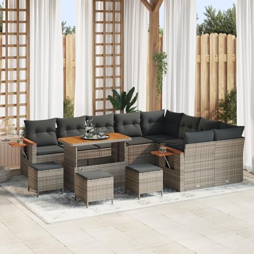Rantry 13-teiliges Garten Sofa Set mit Kissen Grau Poly Rattan Akazie, 4-teiliges Garten Esszimmer Set mit Kissen Grau Poly Rattan Akazie Gartenlounge Model3365173 von Rantry