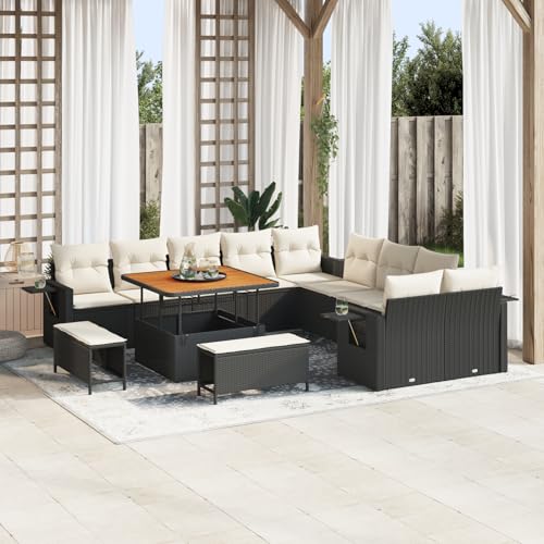 Rantry 13-teiliges Garten-Sofa-Set mit Kissen Schwarz Poly-Rattan Akazie, 3-teiliges Garten-Dining-Set mit Kissen Schwarz Poly-Rattan Akazie Gartenlounge Model3363745 von Rantry