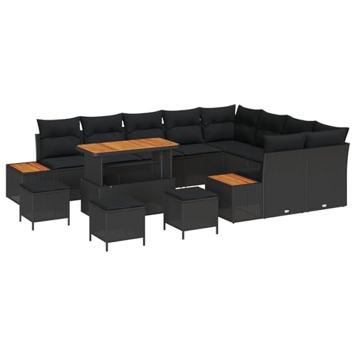 Rantry 13-teiliges Garten Sofa Set mit Kissen Schwarz Poly Rattan Akazie, 4-teiliges Garten Essset mit Kissen Schwarz Poly Rattan Akazie Gartenlounge Model3362959 von Rantry