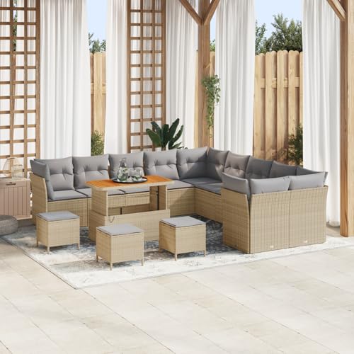 Rantry 14-teiliges Garten-Sofa-Set mit Kissen Beige Poly Rattan Akazie, 4-teiliges Garten-Dining-Set mit Kissen Beige Poly Rattan Akazie Gartenlounge Model3363502 von Rantry