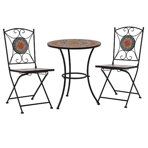 Rantry 3-TLG. Bistro-Set Gartenmöbel Set Sitzgruppe Stühle und Tisch Essgruppe Gartengarnitur Möbel Balkonset Garnitur für Hof Garten Terrasse und Mosaik Keramik Orange/Grau von Rantry