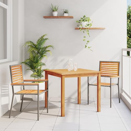 Rantry 3 teiliges Garten Essgruppe Grau Poly Rattan Akazie, Stapelbare Gartenstühle mit Kissen 2 Stück Grau Poly Rattan Gartenlounge Model3365512 von Rantry