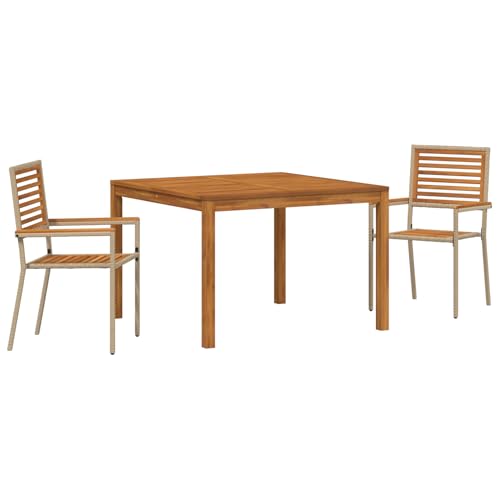 Rantry 3-teiliges Garten Essset Beige, Poly-Rattan Akazie, stapelbare Gartenstühle mit Kissen - Set aus 2 in Beige Poly-Rattan Gartenlounge Model3365531 von Rantry