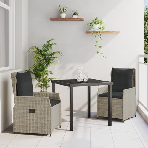 Rantry 3-teiliges Garten Essset Hellgraues Poly Rattan, Gartentisch Schwarz 80x80x73 cm Sicherheitsglas Gartenlounge Model3380974 von Rantry