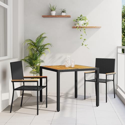 Rantry 3-teiliges Garten Essset Schwarzes Poly-Rattan, Stapelbare Gartenstühle mit Kissen - 2-teiliges Set in Schwarz Poly-Rattan Gartenlounge Model3365402 von Rantry