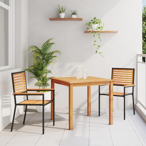 Rantry 3-teiliges Garten Esstisch Set schwarzes Poly Rattan Akazie, stapelbare Gartenstühle mit Kissen 2 Stück schwarz Poly Rattan Gartenlounge Model3365511 von Rantry