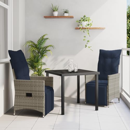 Rantry 3-teiliges Garten Esszimmer Set mit Kissen Grau Poly-Rattan, Gartentisch Schwarz 80x80x73 cm Temperglas Gartenlounge Model3379597 von Rantry