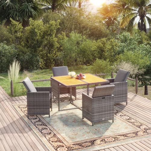 Rantry 5-TLG. Garten-Essgruppe mit Kissen Poly Rattan Grau Garten-Esstisch und Stühle Model3095524 von Rantry